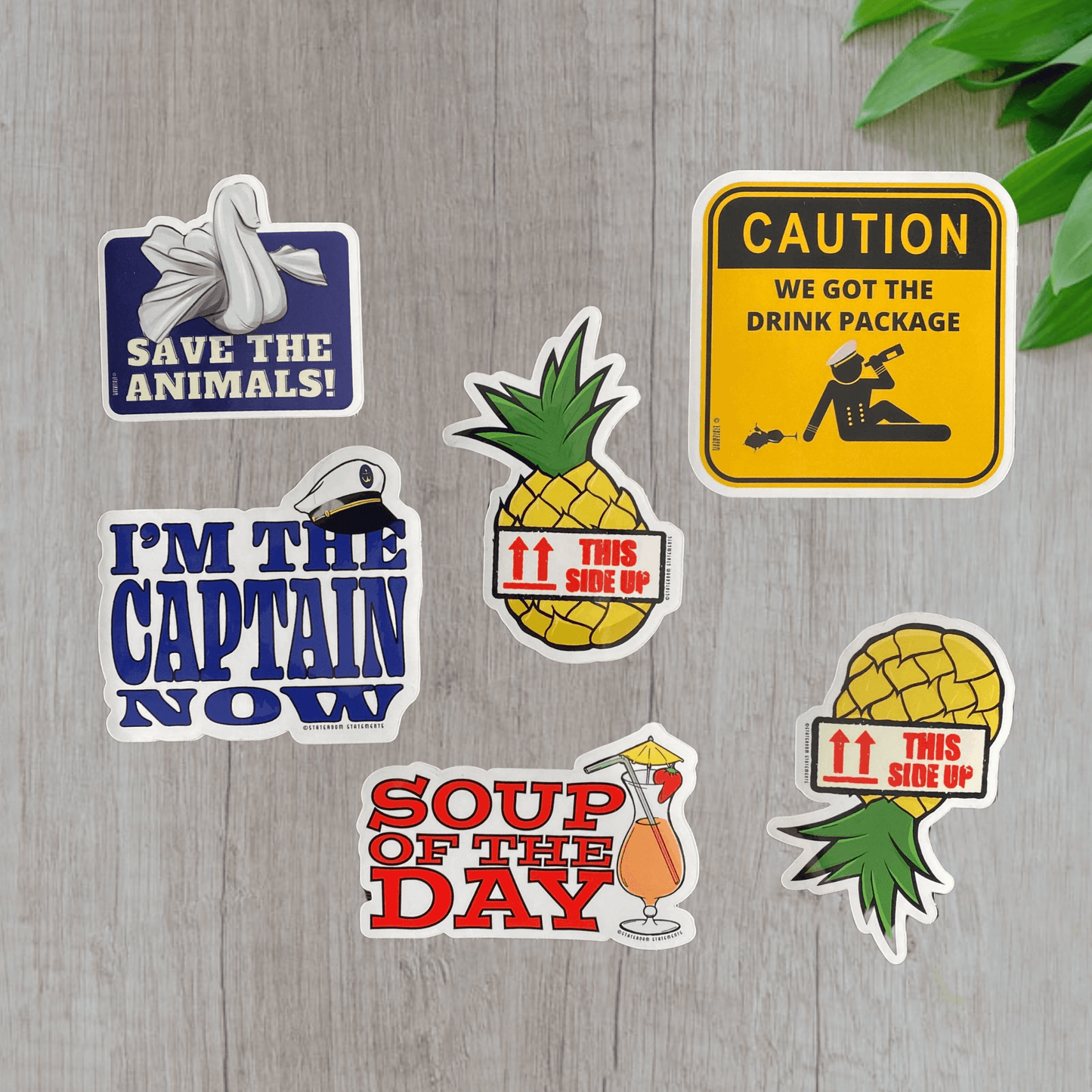 a collection of cruise stickers arranged on an aged wood surface